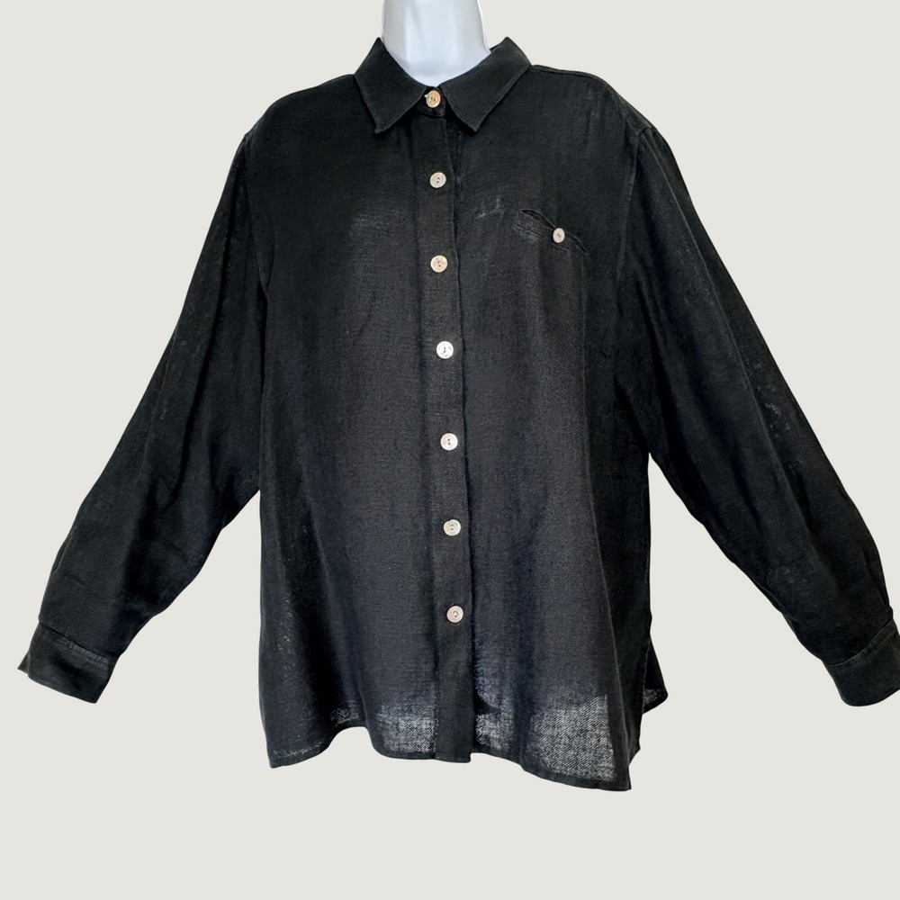 Chico's Design Women XL Button Down Black 100% Linen Long Sleeve Relaxed Shirt